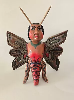 Vintage Mexican Folk Art Butterfly Man Woman Moth Angel Carved Wooden Sculpture • $195.03