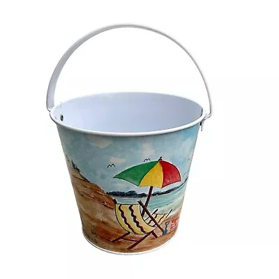 Costal Metal Sand Bucket With Painted Beach Design • $10.30