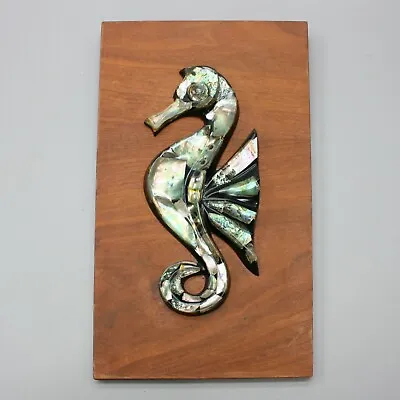 Vintage 1965 Seahorse Resin/Lucite/Acrylic Abalone Sea Shell Wood Wall Plaque • $45