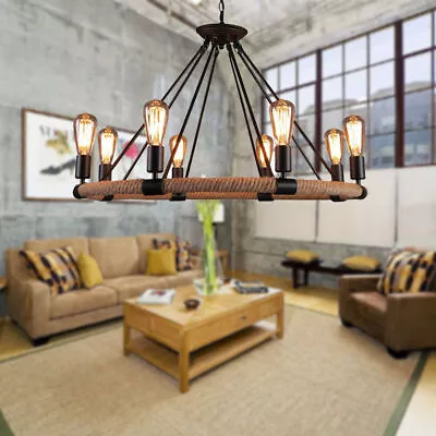 Pendant Industrial Light Rustic Iron Hemp Rope Lamp Ceiling Chandelier Fixture • $49