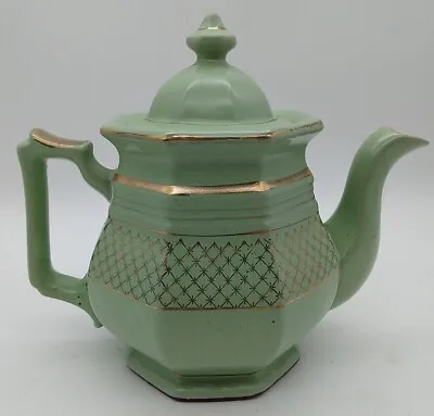 Vtg Teapot Jadite Green W/ Gold Accents Mid Century Octagon Victorian Cottage 8  • $37.49
