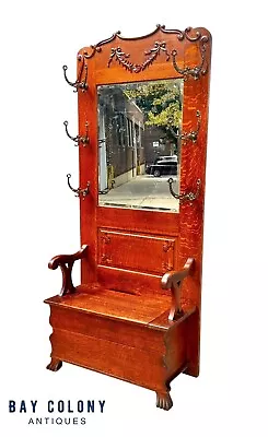 Antique Victorian Tiger Oak Hall Tree With Ribbon Carved Crest & Beveled Mirror • $3250