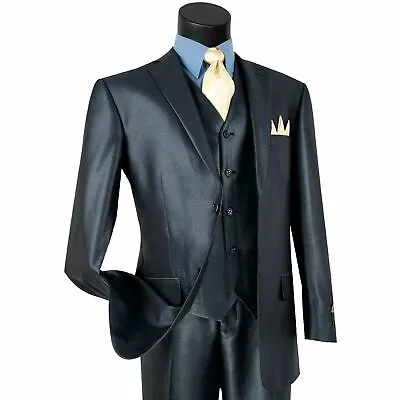 VINCI Men's Midnight Blue Shiny Sharkskin 3pc 2 Button Classic Fit Suit NEW • $124