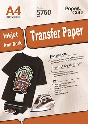 A4 T-Shirt Paper Iron-On Transfer For Light Or Dark Fabrics For Inkjet Print • £7.49