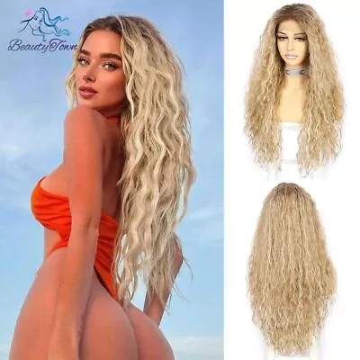 2023 Long Inch Blonde Synthetic 13x3 Lace Front Wig 613 Curly HD Transparent • £109.38