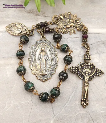 Miraculous Mary Sacred Heart Emerald Vintage Bronze Ornate Chaplet • $84