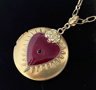 Sacred Heart Locket Necklace Large Brass Pendant Red Enamel Centerpiece • $24