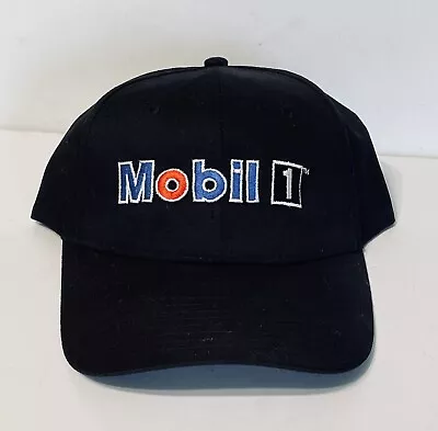 Mobil 1 Black Cap Adjustable Strap Back Hat Red White Blue Embroidered Letters • $8.99