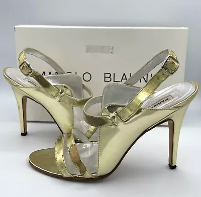 MANOLO BLAHNIK Patent Gold Ankle Strap Heels WITH BOX • $74.99