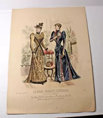 1891 Antique French Hand Colored LA MODE ELEGANTE ILLUSTRADA Fashion Print (3) • $18