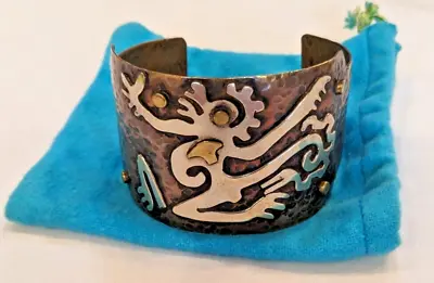 Vintage Mexico Mixed Metal Bracelet/Cuff Hammered Coppersilver Brass Casa Maya • $140