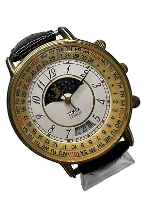 Vintage Timex Calendar Date Moon Phase Quartz Men's Golden Leather Dress Watch • $209.99