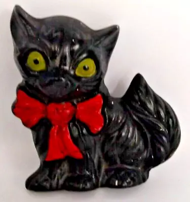 Black Cat Green Eyes Red Bow Chalkware Plaque 5  X 5  Vintage MCM Kitschy • $14.99