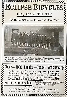 1896 ECLIPSE BICYCLES Vtg Photo Print Ad Stand The Test Weight Of 16 Men On Bike • $19.95