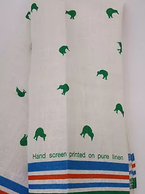 Vintage Souvenir Linen Dish Towel New Zealand Kiwi Bird Green Blue Orange • $16.99