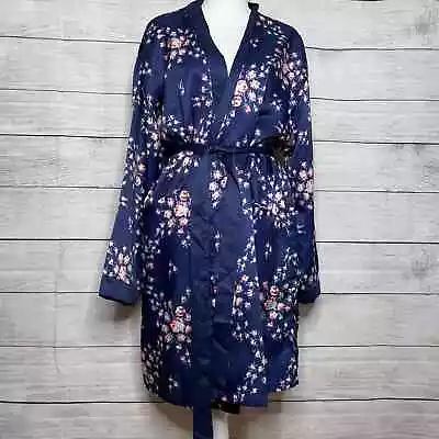 NEW! Morgan Lane X FabFitFun Navy Blue Floral Satin Robe L/XL • £43.38