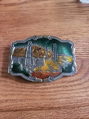 Koleaco Belt Buckle Crude Oil Field With Oil Derricks W07 Enameled Brass USA • $13.99