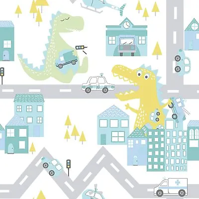 Holden Decor Kids Dinosaur Road Cars Nursery Wallpaper - Teal / Lime 90912 • £13.29