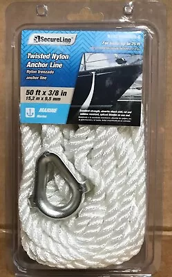 NEW 3/8  X 50' Twisted Nylon Marine Boat Anchor Line Rope White With Thimble Eye • $16.49