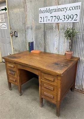 Oak Desk Vintage Wooden Desk Teacher's Desk Mid Century Desk Kneehole Desk A • $585