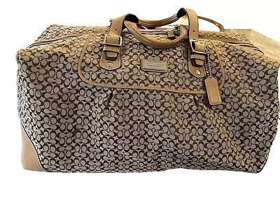 Coach Signature Jacquard Brown Leather Trim Large Overnight Bag • $169.99