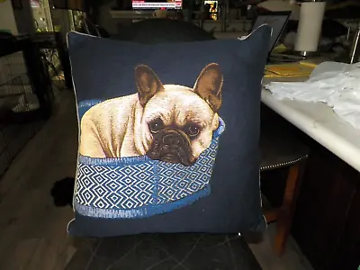 $125 • Buy Rare! Iosis Paris Yves Delorme French Bulldog Frenchie  Pillow Blue Gray