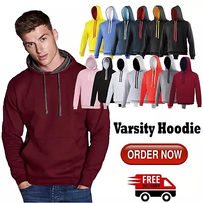  AWDis Mens Varsity Hoodie Contrast Hood Jumper Casual Pullover Hooded Sweatshir • £18.99