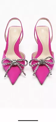 100% Authentic ZARA Fuchsia Pink Slingback Heel With Embellished Bow SZ: 40 • $49.90