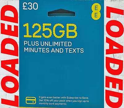 Ee Sim Card Nano Micro Standard  125 Gb  Unlimited Mins  £30 Package Loaded • £25.99