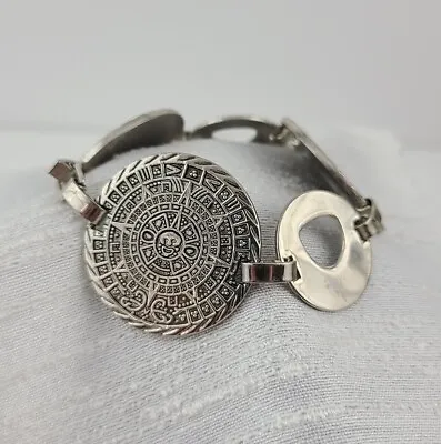 $62.72 • Buy Aztec Sun Calendar Bracelet Panel Link Sterling Silver 925 Mayan Zodiac Wheel