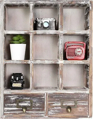 MyGift Dark Brown Wood Shadow Box Wall Mounted Cubby Storage Shelf And 2 Drawers • $46.99