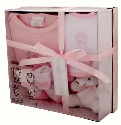 Baby Girl 4 Piece Layette Gift Set Teddy Socks Bib Bodysuit 0-3 Months • £10