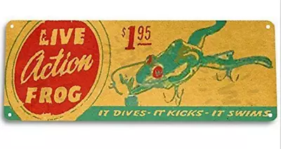 LIVE ACTION FROG FISHING LURE TIN SIGN 11x4 Inch DIVES KICKS SWIM BASS RUBBER  • $15.92