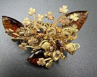 MIRIAM HASKELL Signed Brooch Vintage Amber Molded Glass Leaf Rhinestone BROOCH • $274.99