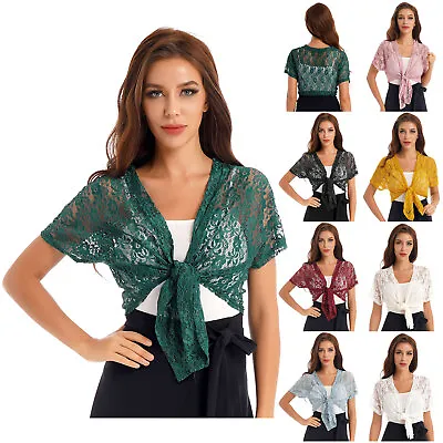 £15.12 • Buy Womens Lace Cardigan Short Sleeve Front Tie Up Shrug Bolero Stretch Cropped Top