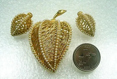 BSK Vintage Brooch Pin Earring Set Golden Openwork Faux Seed Pearl Strawberry • $35