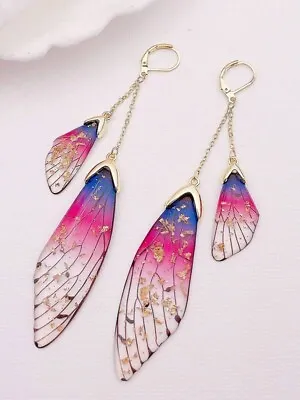 Butterfly Wings Gold 2-Strand Earrings Cobalt Blue & Dark Pink + Rhinestones • $27.45