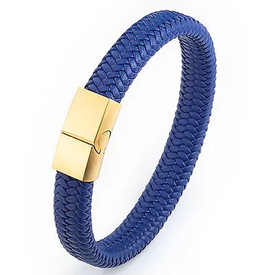 Mens Blue Genuine Leather Bracelet With Stainless Steel Magnetic Lock • $19.99