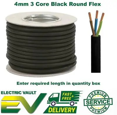 Tough Rubber Flex Cable 4mm Black Tri-Flex HO7RNF 3 Core Heavy Duty 4.0mm • £5.90