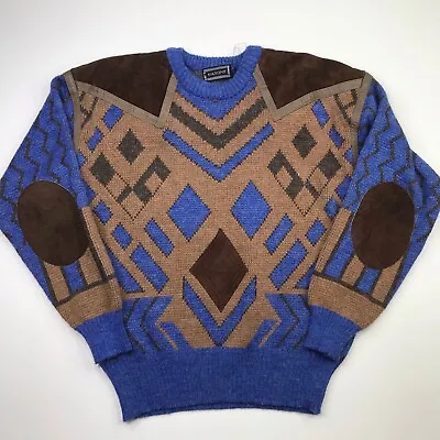 VTG Saxony Men’s Wool Knit Leather Patch Pullover Sweater Sz Medium • $39.88