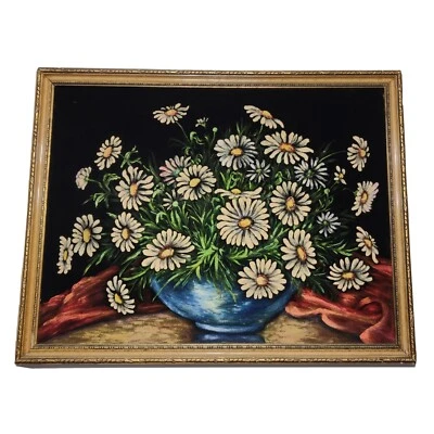 $45 • Buy Vtg Black Velvet Painting Daisy Flowers Still Life Wood Frame MCM Large 24x19 