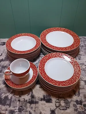 Vintage Mikasa Fine China Parchment Road Red And Gold Rim And Accents • $145.99