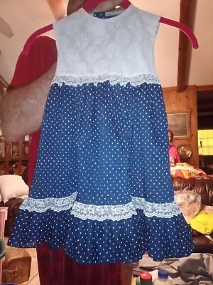 Vintage 80s Nannette Blue /White Toddler Girl Dress Swiss Dot Lace Ruffle Size 5 • $9.99