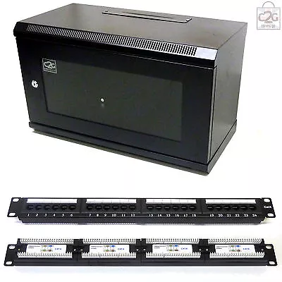 6U Black 300mm Data Cabinet + Cat6 Patch Panel Network Data LAN Comms Wall Rack • £100.34