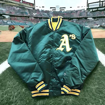 Vintage Oakland A’s Starter Diamond Collection Green Satin Bomber Jacket Mens L • $194.75