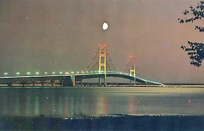 Mackinac Bridge Michigan At Night Half Moon Chrome UNP Postcard • $2.25