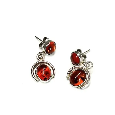 Modern Sterling Silver Earrings W/ Amber Colored Cabochons Post Style • $18