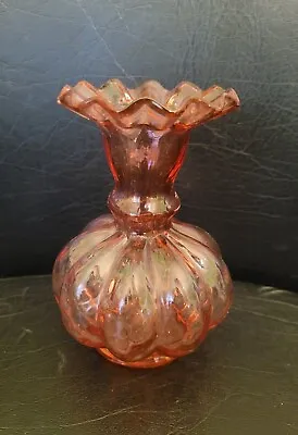 Vintage Fenton Melon Optic 5  Cranberry Glass Vase With Ruffled Edge • $19