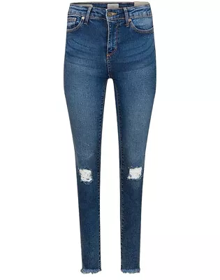 Ladies Blue Mid Rise Distressed Super Skinny Ripped Knee Stretchy Denim Jeans • £11.99