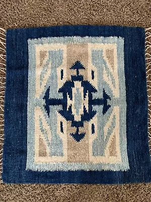 Vintage Wool Rug ~ Aztec ~ Hand Woven Blue~Tan~White • $26